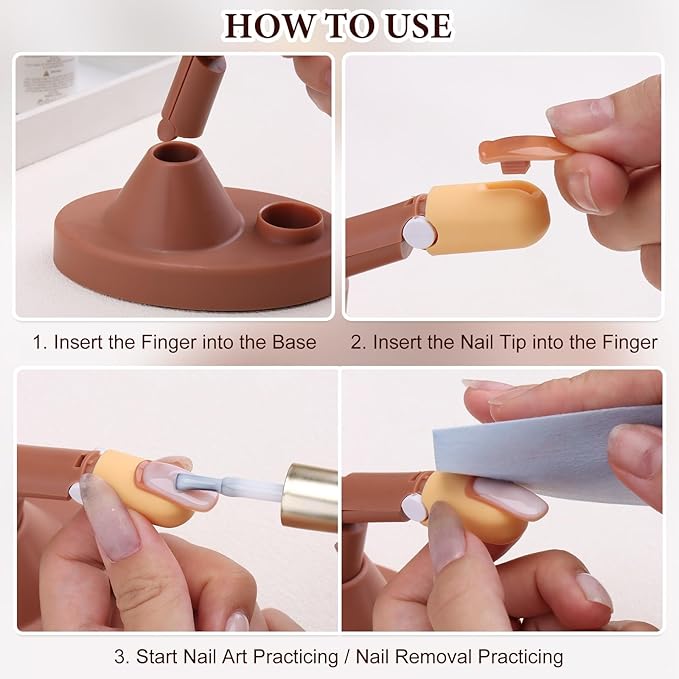 Practice Fingers for Acrylic Nails Adjustable Removable Fingernail Training Set with 1 Base Stand, 3 Fake Fingers, 100 Brown Nail Tips for Nail Beginners Manicure Art Practicing