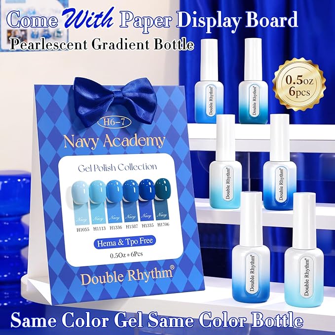 Double Rhythm 6 Pcs Hema Free Gel Polish Set 0.50 OZ Same Color Same Bottle Soak Off Neutral Natural Milky Gel Polish Kit Nail Art Manicure Salon DIY at Home (Pastel Blue Navy-H6-7)
