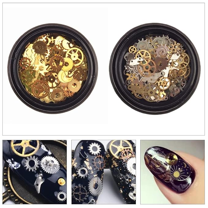 2 Boxes Steam Punk Gears Wheel Nail Studs Nail Art Metal Ultra thin 3D Nail Art Sequin Gear Nail Stickers Vintage for DIY Manicure Decorations Mixed Pattern