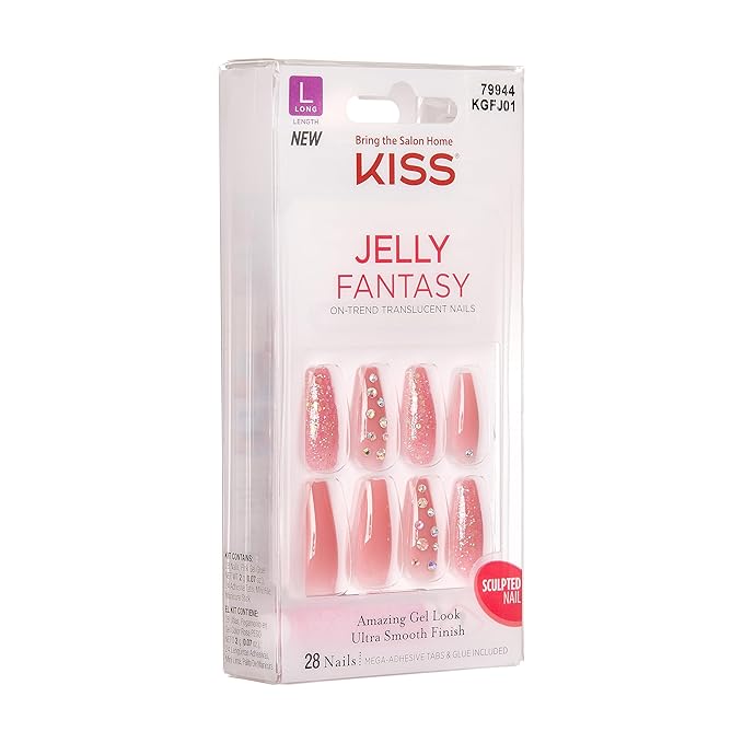 KISS Gel Fantasy Press On Nails, Nail glue included, 'Be Jelly', Pink, Long Size, Coffin Shape, Includes 28 Nails, 2g Glue, 1 Manicure Stick, 1 Mini File, 1 Adhesive Tab