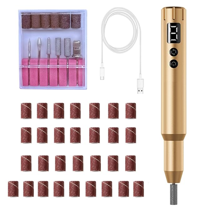 Nail Drill Kit Electric Rechargeable Set Cordless Nail Art Grinding Machine Compact Professional Nail File for Gel Manicure Pedicure Polishing Tool Household,Nail Removal Machine (Golden)