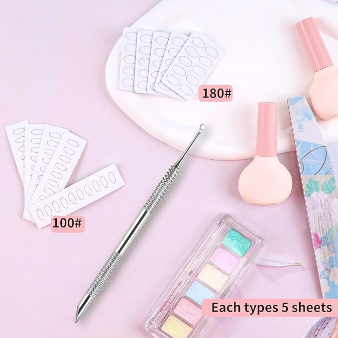 Pre-Treatment Cuticle Pusher, ASTONFOG Dual Ended Cuticle Remover Russian Prep Nail Pushers 100/180 Grit Sandpaper Sheets for Fingernails Toenails Manicure Pedicure Nail Art Care Tools