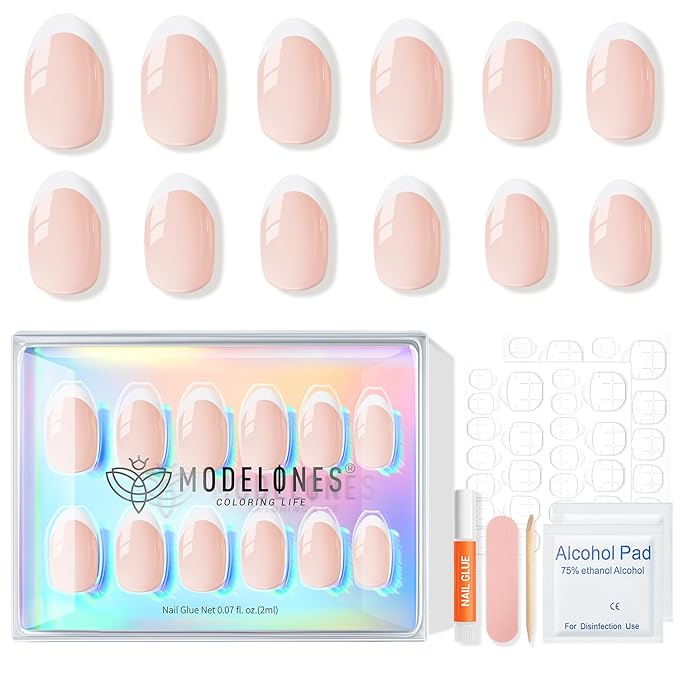 modelones French Tip Press On Nails, Short Oval Fake Nails Press Ons with Nail Glue, Adhesive Tabs, Nail File, Prep Pad, Manicure Stick, 32Pcs 16 Sizes, Nude, Spring Women Girl Gift