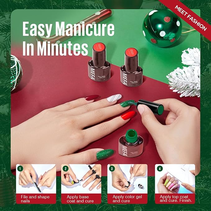 MEFA 19 Pcs Gel Nail Polish Kit with U V Light, 12 Red Christmas Colors Burgundy Red Dark Green Glitter Gel Polish Winter Silver Gold Sparkle Valentine's Day Manicure DIY Salon Decorations Gifts