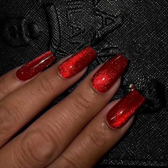 KQueenest Cat Eye Press on Nails Long Medium Square, Glitter Dark Red Fake Nails Press ons Coffin, Press on Acrylic Nails Bling Chrome Glue on Nails for Women Birthday Party Salon Manicure, 30 Pcs
