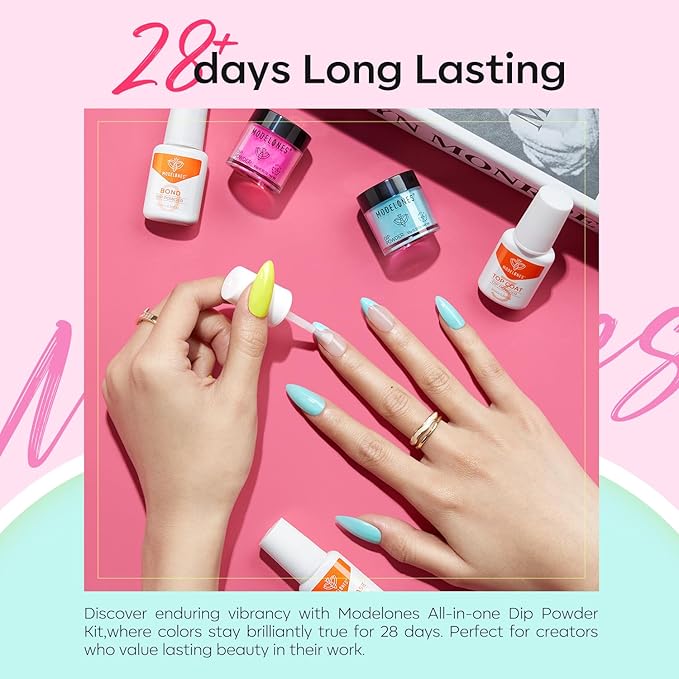 Modelones Dip Powder Nail Kit, 4 Colors Spring Summer Hot Pink Orange Yellow Blue Neon Dipping Starter Set with Liquid and Complete Accessories for French Nails Art Salon DIY at Home