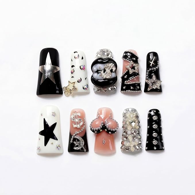 10 Pieces Luxury Acrylic Press On Nails Long Handmade Duck Nails, White And Black Thickened False Nails, Exaggerated Lips And 3D Dollar Sign, Reusable Fake Nails, Acrylic Nails (L)