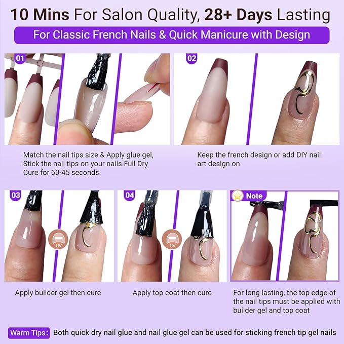 Gel French Tip Nails Long Coffin French Tip Press on Nails White French Nail Tips 150Pcs Pre-applied Tip Primer Natural Skin Tones Fake Nails Extensions Gel Nail Kit for Women Girls DIY