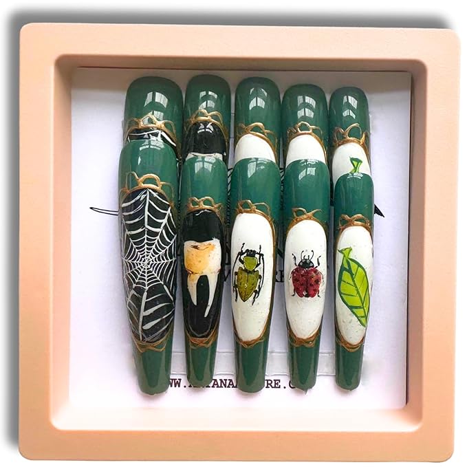 ARYANA NEW YORK Reusable Handmade Press-On Nails – Long Coffin Shape False Nails for Women, Luxury Glossy 3D Design | Oddities Beetles Collection - (Medium)
