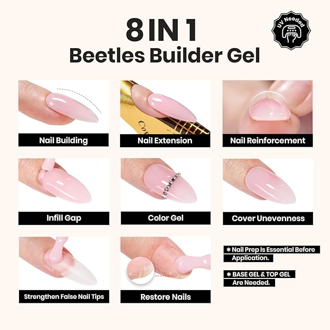 Beetles Builder Gel for Nails,3 Pcs Clear Builder Nail Gel with Base & Top Coat Gel for Nail Strengthening Apex Building Extension for Beginner DIY Salon at Home,UV & LED Lamp Needed