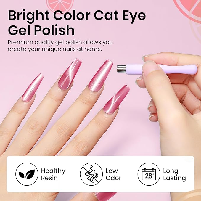 MIZHSE Cat Eye Gel Nail Polish, Ceramic Magnetic Gel Polish with Magnet Stick, Crystal Shimmer Pink Colors Nail Gel Soak Off Nail Art Salon Home Gift for Women 12mL