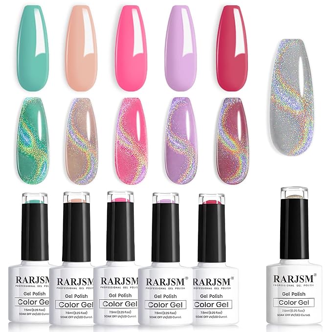 RARJSM Rainbow Cat Eye Gel Nail Polish with 6 Colors Gel Polish Holographic Magnetic GelPolish 9D Cat Eye GelPolish Soak Off UV LED DIY Manicure Art