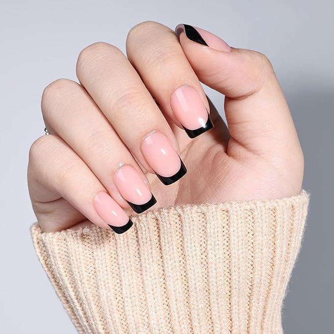 Black French Tip Press On Nails Square- Black Short Fake Nails, Square Press On Nails Reusable Stick On Nails in 16 Sizes, 32pcs False Nail Kit for Women & Girls