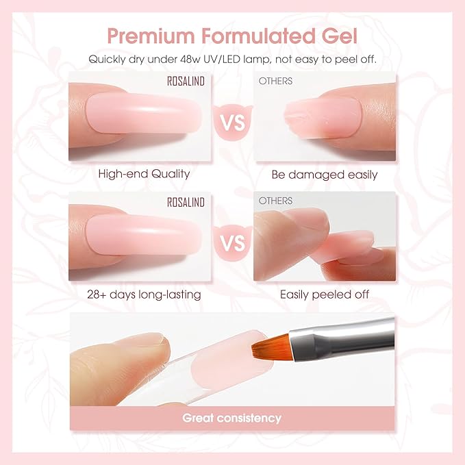 ROSALIND Soft Pink Poly Nail Gel, 2 oz Poly Extension Gel for Nail Art, Nail Thickening Extension Easy to DIY, Pink Nails Enhancement Need UV Lamp(Update Version