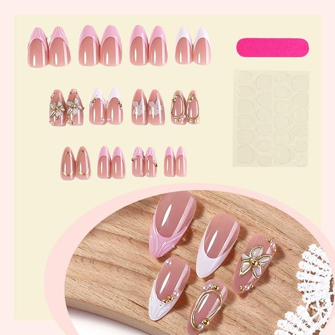 Press on Nails Medium Almond Fake Nails White French Artificial Nail with 3D Flowers Designs Stick on Nail for Women 24pcs