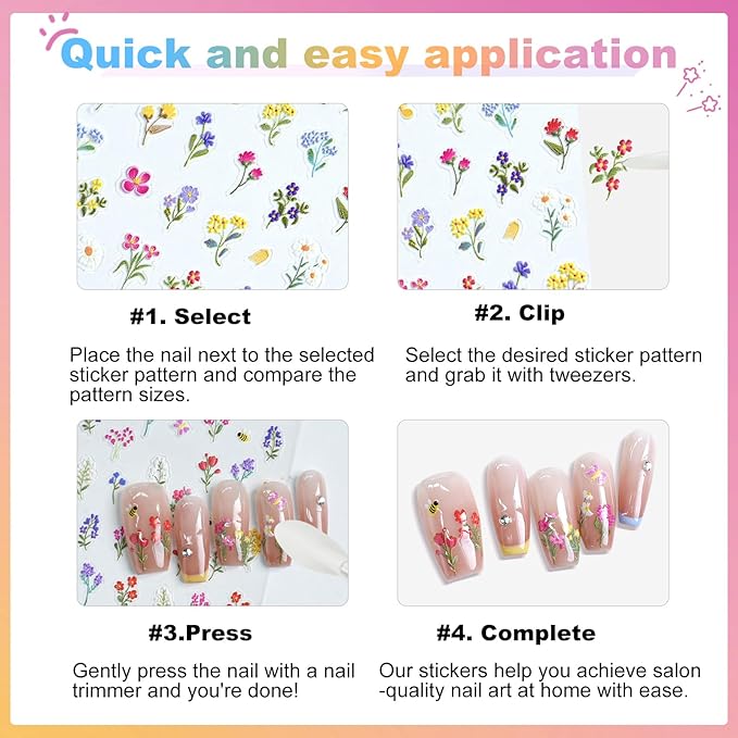 Flower Nail Art Stickers 5D Embossed Nail Decals for Nails Art Design Self-Adhesive Spring Summer Daisy Floral Leaf Plant Nail Accessories for Women Manicure DIY Art Decoration 6 Sheets YX1226