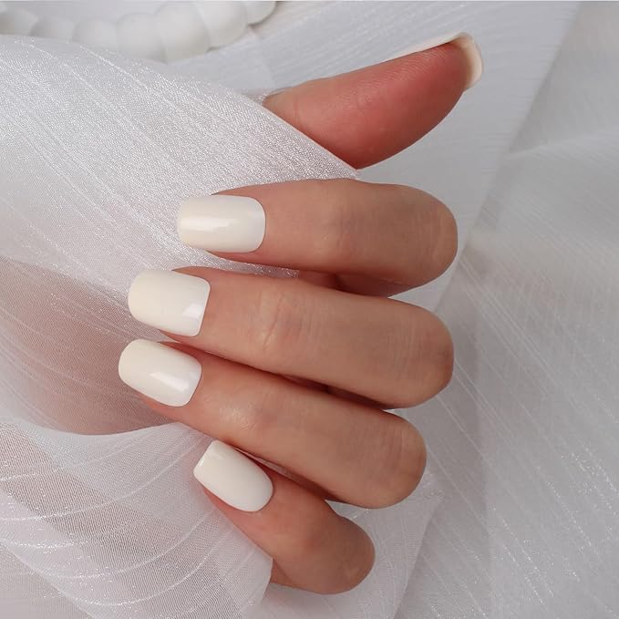 Short Press On Nails Square – 30PCS Glossy Creamy White Shade Fake Nails, Minimalist Acrylic Stick On Nails Kit with Glue & Tools, Natural False Nails for Everyday Wear