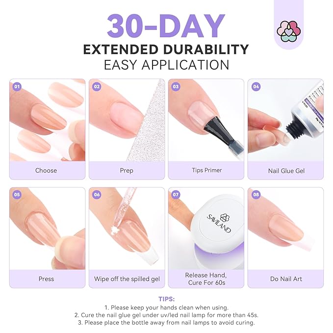 SAVILAND Solid Nail Glue Gel: 30-Day Lasting Strong Adhesive Glues for Press On Nails - SSProTip X Professional Gel Nail Glue, U V Curing Formula, Quick Cure Home & Salon Use,0.71 Fl Oz