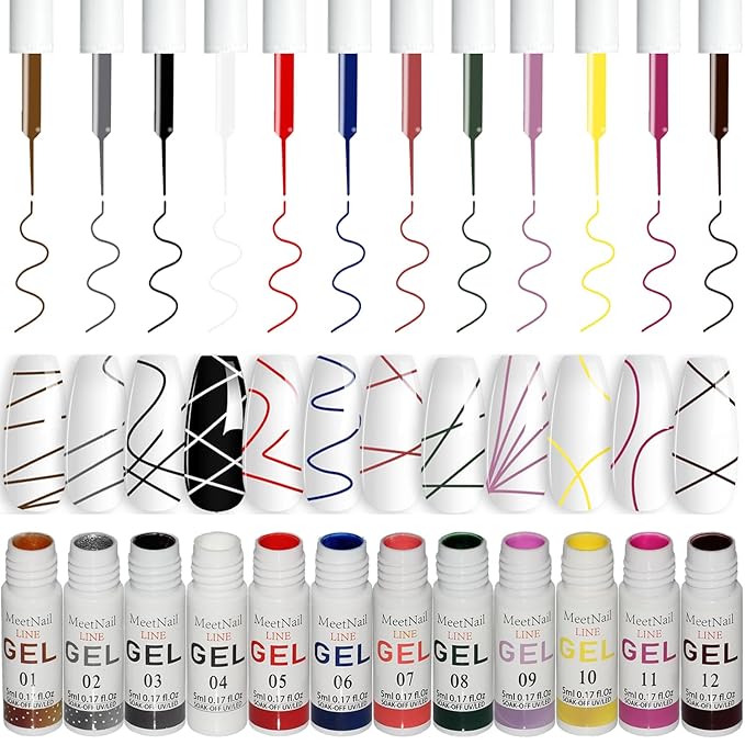Gel Liner Nail Art Set 12 Colors Gold Black Glitter with Thin Brush Soak Off UV/LED Gel Nail Polish Liner at Home Salon DIY Manicure Gift for Women