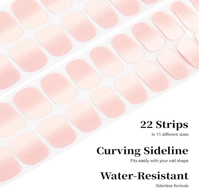 Semi Cured Gel Nail Strips Skin Pink Ombre Gel Nail Stickers with UV/LED Required Long Lasting Gel Nail Stickers Includes 22 Strips 2 Prep Pads, Nail File & Wooden Stick