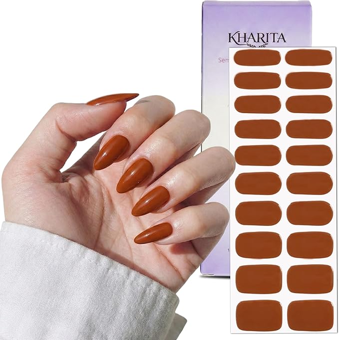 Semi Cured Gel Nail Strips – Real Gel Nail Polish Wraps for Brittle Nails | Waterproof Long Lasting Easy Peel-Off Removal | Hema-Free | 20-Piece Brick Red Salon Kit with File & Stick