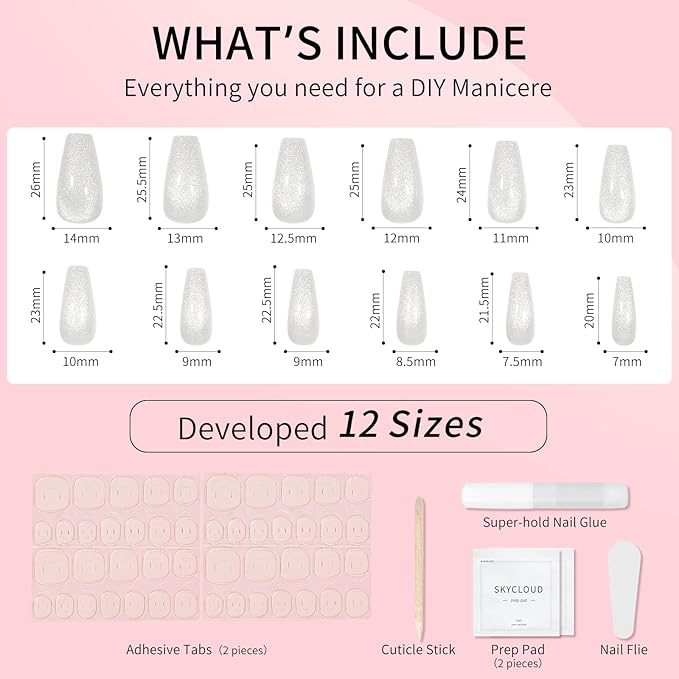 Skycloud White Eyes Press On Nails, 12 Sizes - 24 Pcs Soft Gel Medium Coffin False Nails Kit with Glue, Natural Reusable Stick On Nails for Women & Girls (SK0720)