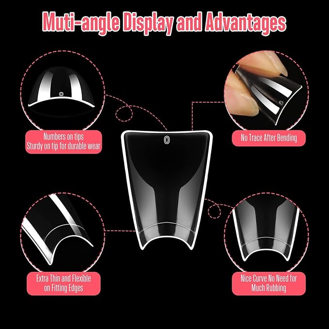 NOVO OVO 550 pcs Transparent Clear Crystal Duck Feet Style Flare Nail Tips Y2K Vibe Half Cover C Curve Wide French False Nail Extension Tips Acrylic Nail 11 Sizes Bag Packaging for Art Salon