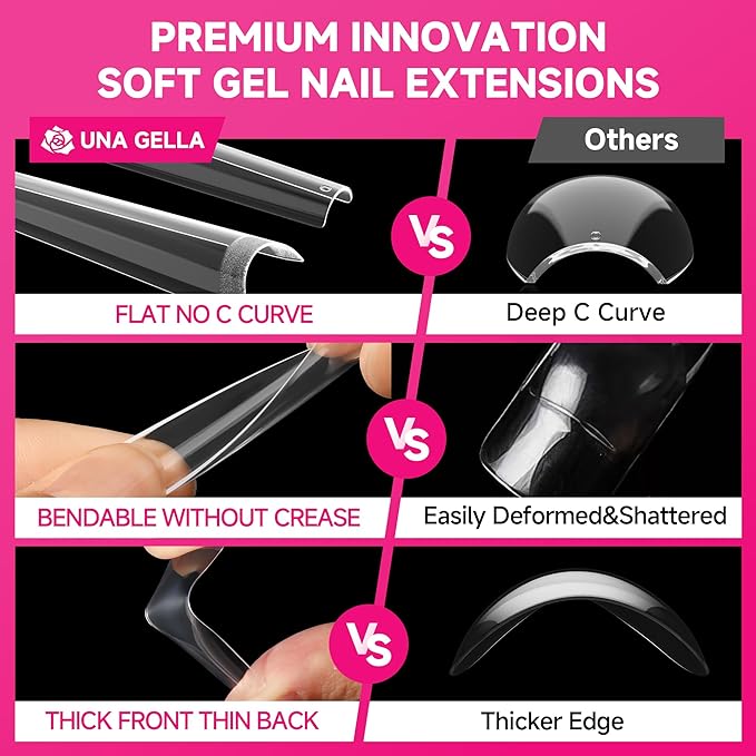 UNA GELLA Extra Long Coffin Nail Tips No C Curve 504PCS XXL Coffin Nails Half Cover Long Coffins Gel Nails Tips Clear Fake False Nails Long Gel Extensions for Nail Art Salon Home DIY No Need File