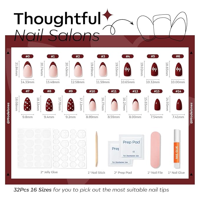 Modelones Dark Red Press on Nails Almond, Burgundy French Tip Polka Dot Bow Short Fake Nails, Reusable Nail Kit with Nail Glue Adhesive Tabs Nails Press Ons 32Pcs 16 Sizes, Women Girl Gift