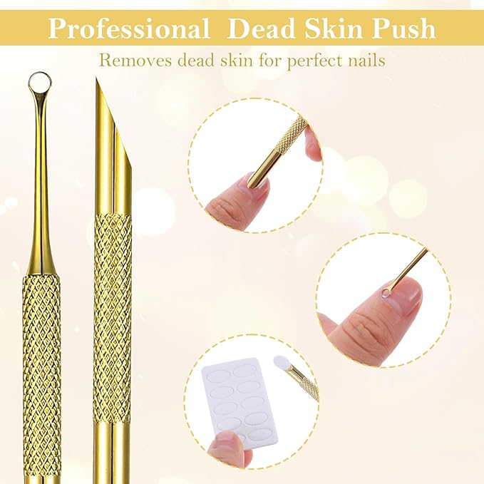 Pre-treatment Cuticle Pusher with 2 Ends, Russian Prep Nail Pushers, Cuticle Remover with Sandpaper Sheets, Nail Care for Manicure Pedicure Nails Art, Gold