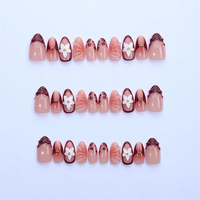 Press on Nails Medium Almond Fake Nails French Artificial Nail 3D Flowers with Gold Rhinestones Stick on Nail for Women 30pcs