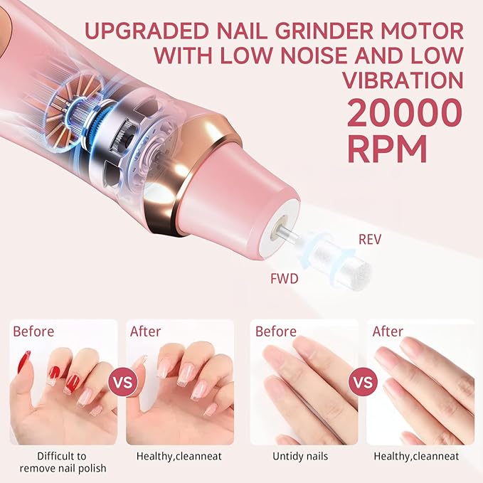 Cordless Nail Drill, Electric Nail File with 360° LED Light & LCD Display, Low Noise Electric Pedicure Tools for feet, Hand Foot Care Nail Drills for Thick Nail Toenail Cuticle Women Baby Pet