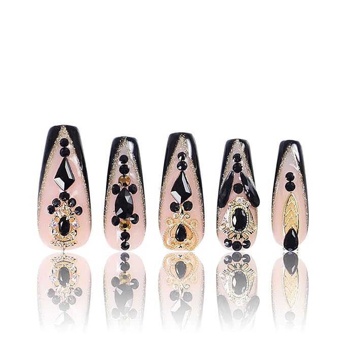 LOVFUL Press on Nails Obsidian Palace Black French Tip | Handmade with Full Covered Crystals | Reusable Full Cover Nails | Coffin Classic Regular 1.3 in | H165-S