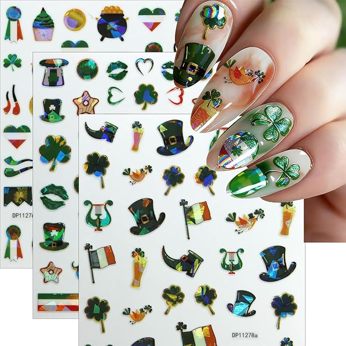 6 Sheets St. Patrick's Day Nail Art Stickers for Nail 3D Self Adhesive Laser Shamrock Nails Stickers Rainbow Golden Jar Gnome Design Irish Nail Decals Nails Art Supply for St. Patricks Day Manicure