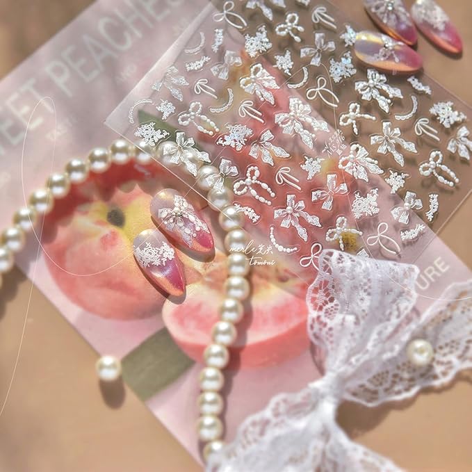 1Pcs 5D Bow Nail Art Stickers Decals Self Adhesive Valentines Nail Decals with Pearl Design Ribbon Bow Nail Stickers Embossed Cute Stickers Wedding Nail Supplies Decorations for Women Holiday Manicure