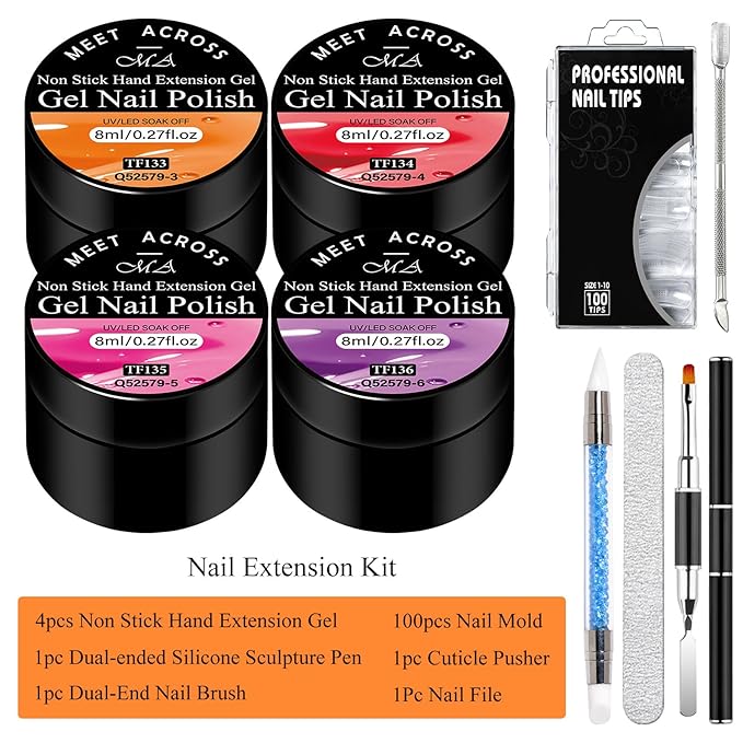 MEET ACROSS 9Pcs 3D Builder Gel Kit for Nail Art Hot Pink Orange Purple Non Sticky Hand Carving Extension Solid Builder Gel for Nails with Silicone Pen Manicure Kit 4 Colors