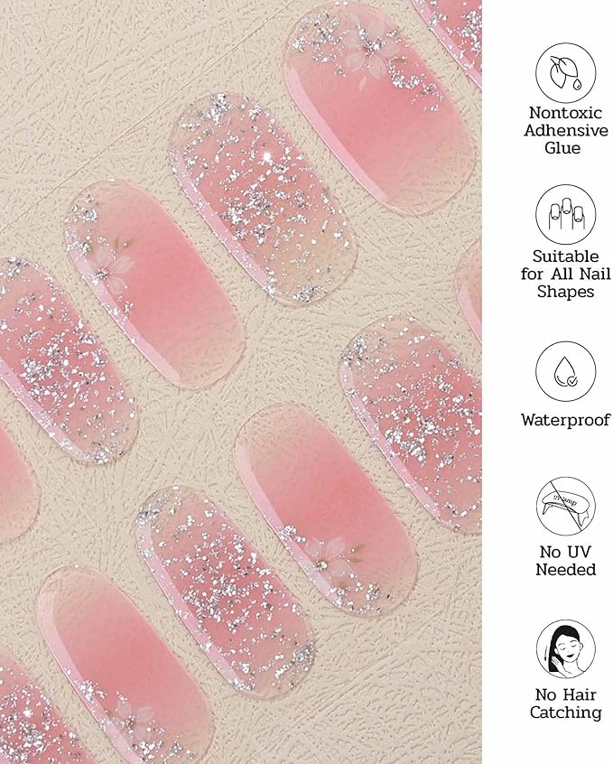 Nail Polish Strips (No UV Lamp Needed) - 22 Pcs Salon Quality Gel Nail Stickers - Long Lasting Wraps (Pink Fizz)