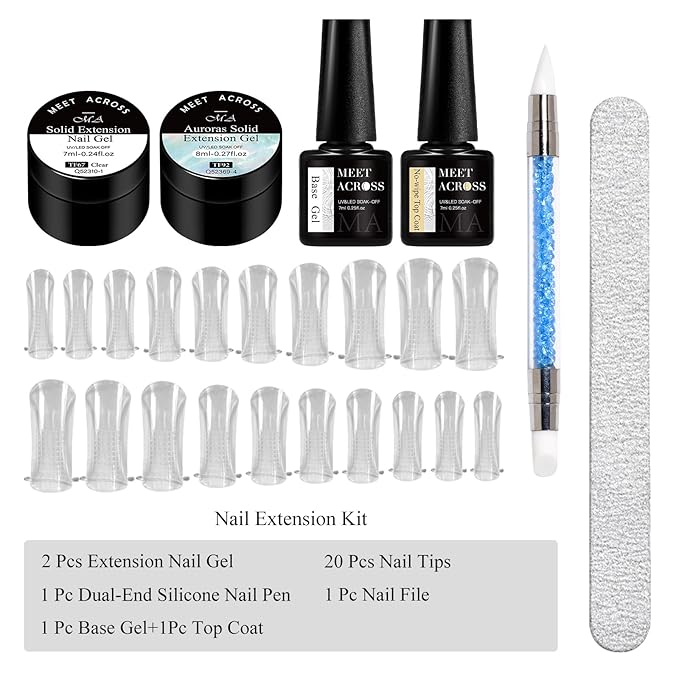 MEET ACROSS All-in-One Extension Mini Kit 2×7ml Non-Sticky Builder Gel Starter Kit WIth Base & Top Coat/Dual-Silicone Pen/Pro File/20-Pc Reusable Dual Forms Salon-Grade Extensions (Clear+Ultra Green)
