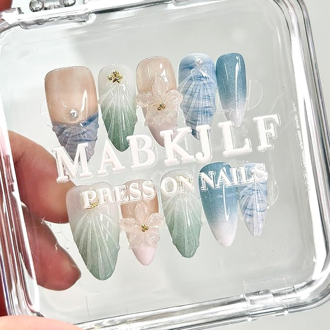 Luxury Press on Nails Medium Almond French Tip Handmade 3D Unique Reusable ABS Material Fake Nails Blue False Nails with Designs Pearls Floral Art Petal Glossy Glue on Nails Thick Acrylic Nails(S)