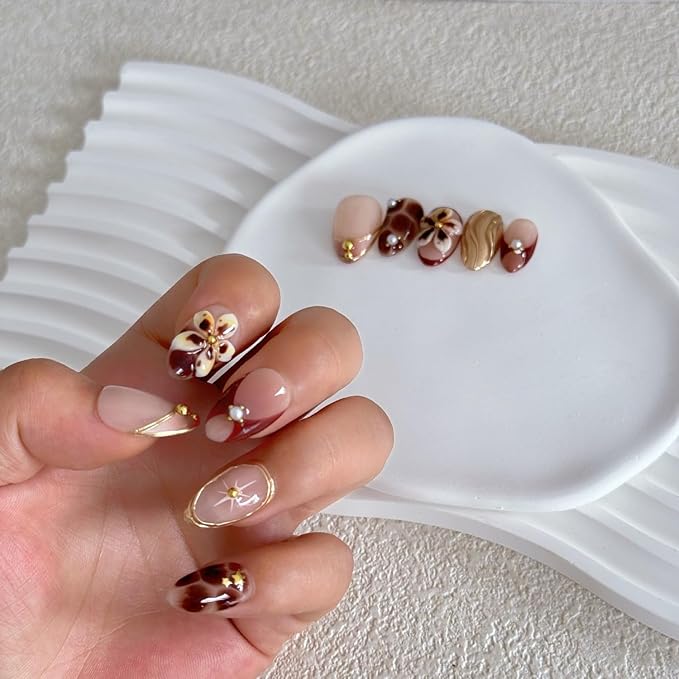 Handmade Press on Nails Almond, Brown Acrylic Nails Medium, 3D Flower and French Tip Amber Gold Chrome For Women Gift, Handmade Reusable Stick on Nails Kit With Nail Glue (Size S)