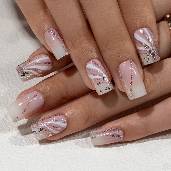 Curvlife Press on Nails Acrylic Fake Nails with Long Square Shell Design Full Cover False Nail Tips for Women Reusable Nail Kit with Nail Glue Adhesive Tabs