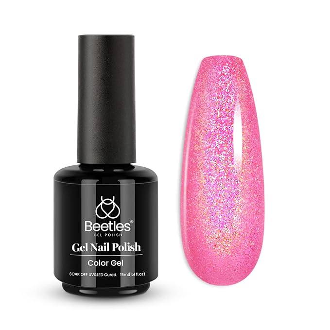 Beetles Pink Glitter Gel Polish – Paradise Twilight Gel Nail Polish, Reflective Glitter Shimmer Pink Flash Dimond Mermaid Unicorn Effect Valentines Nails Soak Off UV LED 15ml