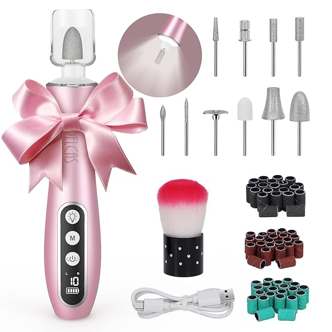PELCAS Electric Nail File, 10 Speeds Cordless Nail Drill Kit with LED Light, Professional Nail Grinder with LCD Screen Portable e File for Human, Pet, Thick Toenails, Natural & Acrylic Nails Pink
