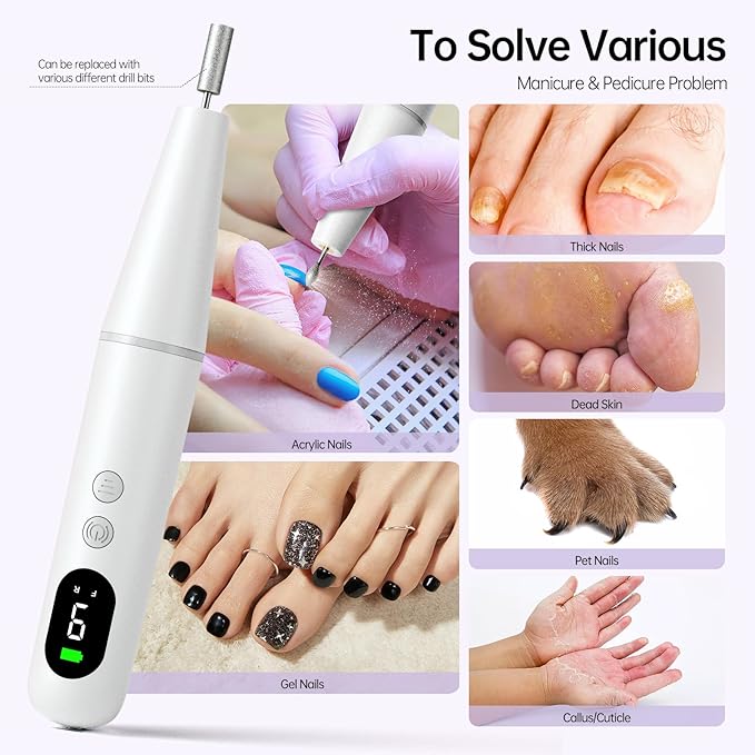 Electric Nail Drill Kit, Electric Nail File Cordless Nail Drill Machine for Acrylic Gel Dip Powder Nails, Professional Portable Manicure Pedicure Rechargeable Lightweight for Home Salon Use