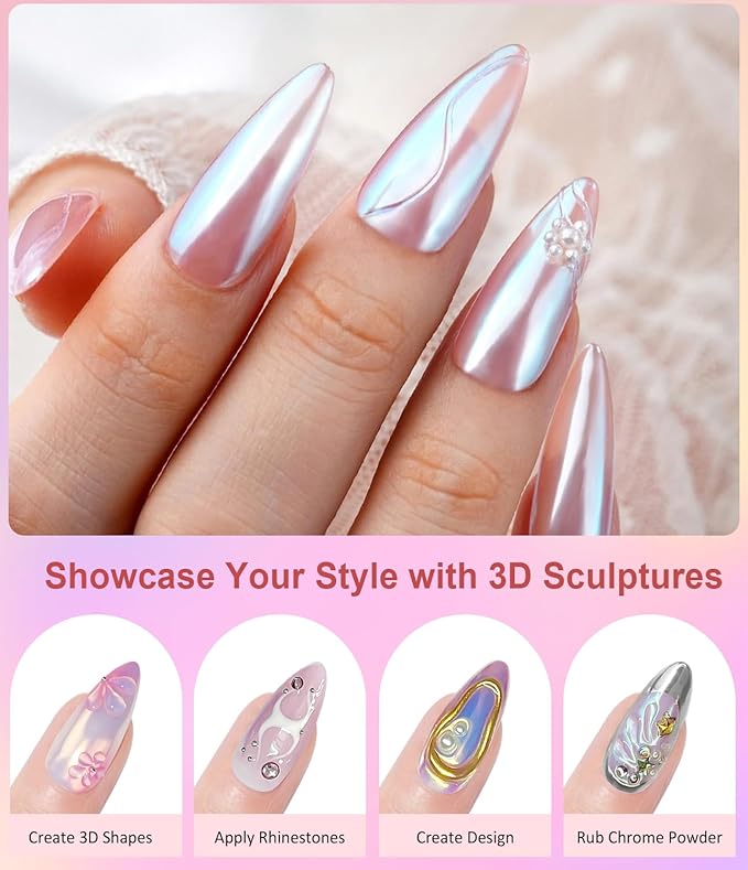 3D Nail Gel and Chrome Nail Powder Kit BISHENGYF: 15g No Wipe 3D Sculpting Gel Aurora Pink Blue Gold Chrome Nail Powder with Clear 3D Carving Nail Molding Glue Set for Nail Art Decoration