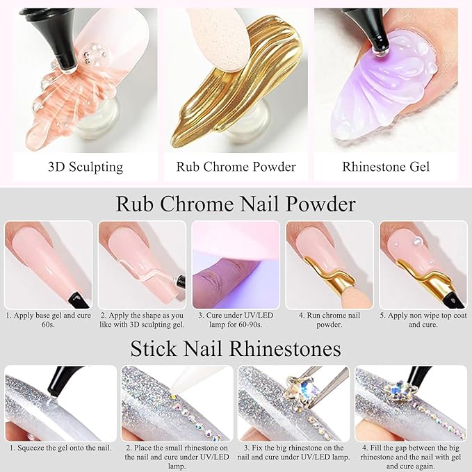 3D Gel Nail Art Silver Gold Chrome Nail Powder Kit Clear 3D Nail Sculpting Gel Gold Chrome Powder for Nails Art Design Silver Glitter Pigment Powders Metallic Mirror Effect with Tools