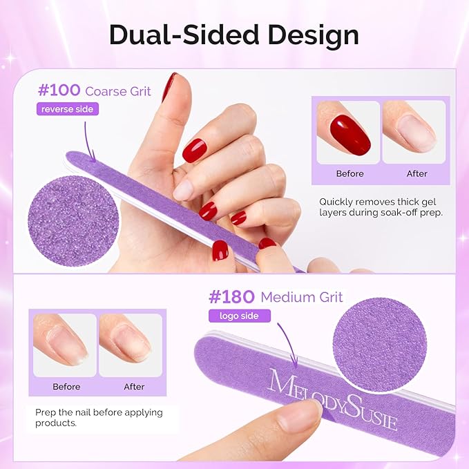MelodySusie Nail File Kit, 2Pcs Double Sided 100/180 Grit Straight Shape Emery Boards For Nails, Professional Nail Art Manicure Pedicure Supplies for Home and Salon Use, Purple