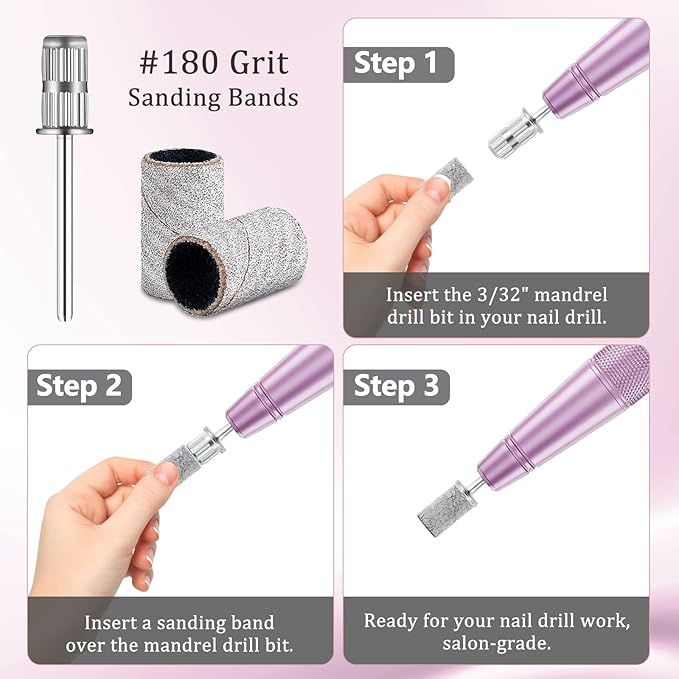 120Pcs Nail Drill Bits Sanding Bands with Nail Drill Bits, Professional Sand Band 180# Fine Grit Nail File Sanding Bands for Acrylic Nails Manicures and Pedicure