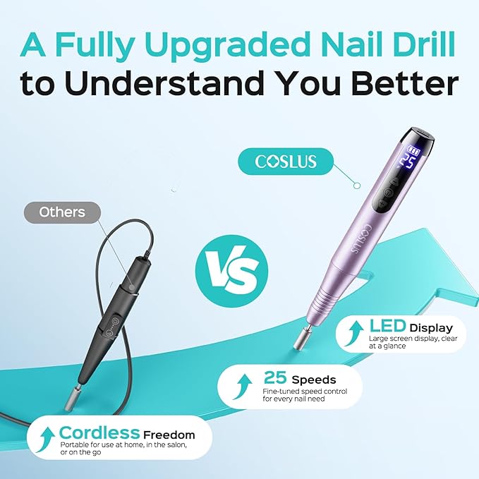 COSLUS C51 Electric Cordless Nail Drill: Professional Nail File with LED Screen & 25 Speeds for Acrylic Gel Dip Powder Removal, Beginner-Friendly for Home DIY & Salon, Portable for Travel, Purple