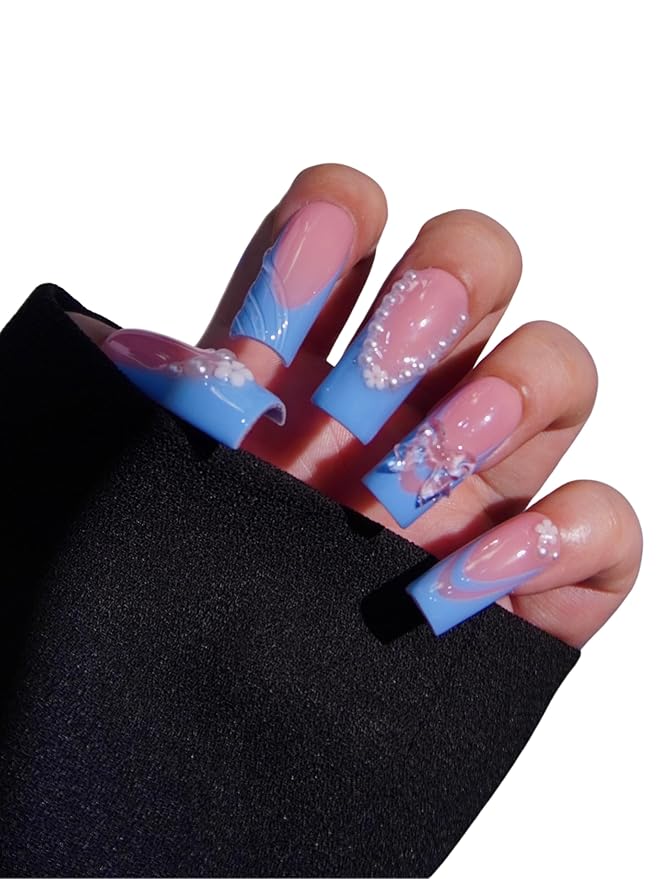 HAND-PAINTED White Press Ons Neon Small Press on Nails Long French Press on Nails Coffin Medium Short Nail art Fake Nail Art Kit with 7g Glue on Nails Handmade Almond Square Nails (TJ57, Large)